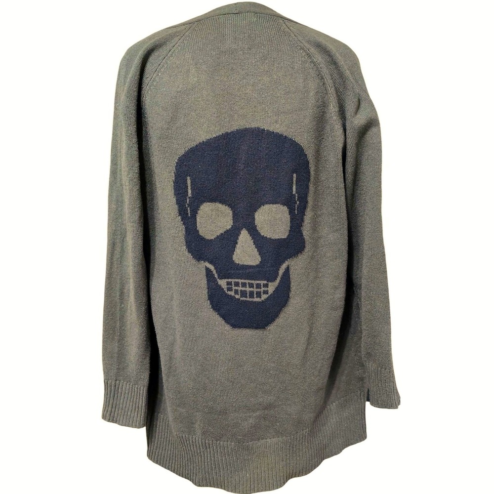 Womens Long Sleeve Open Cardigan Sweater olive green black XS smiling skull goth